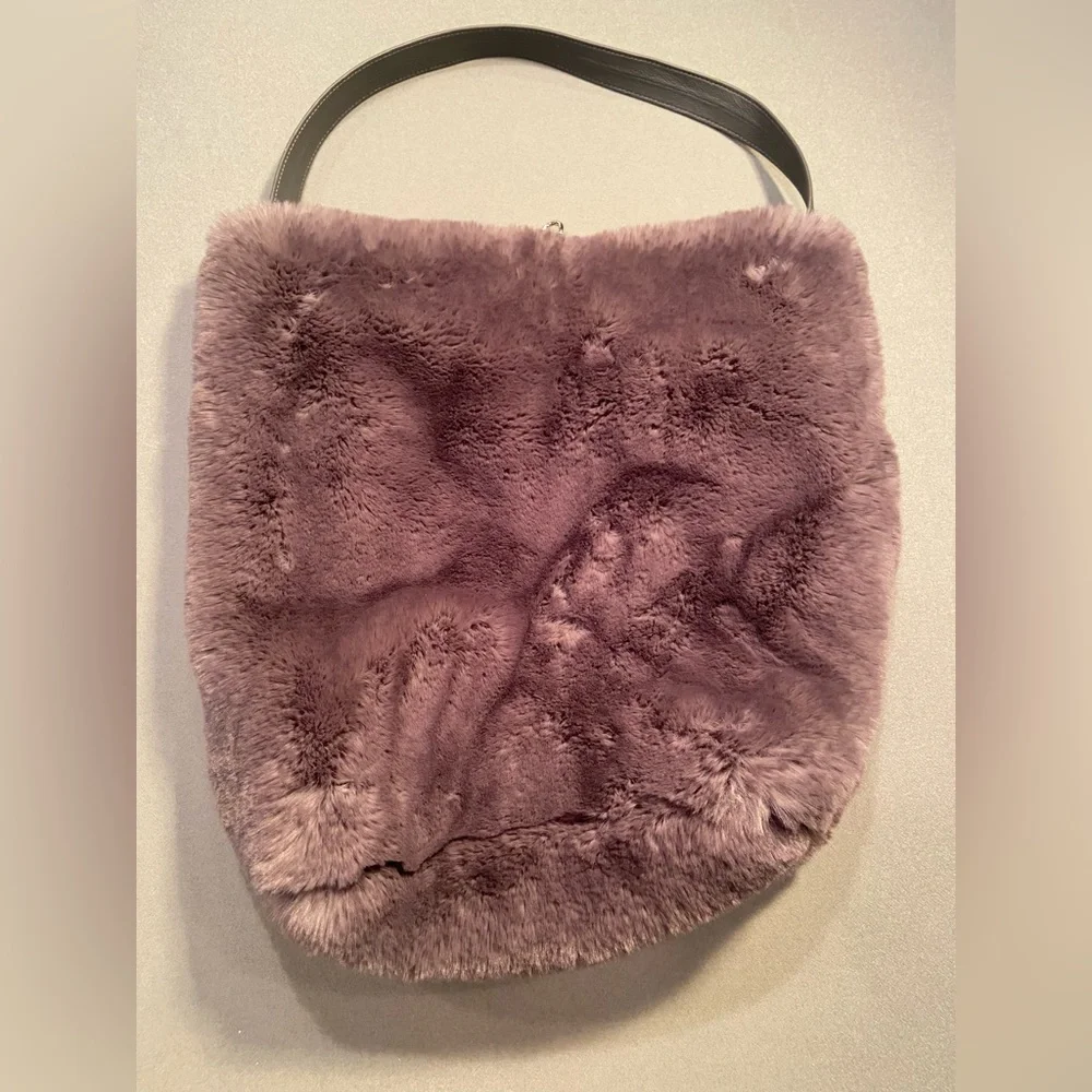 Evelyne Prelonge‎ Faux Fur Shoulder Bag with Pom Pom and Leather Strap Handle